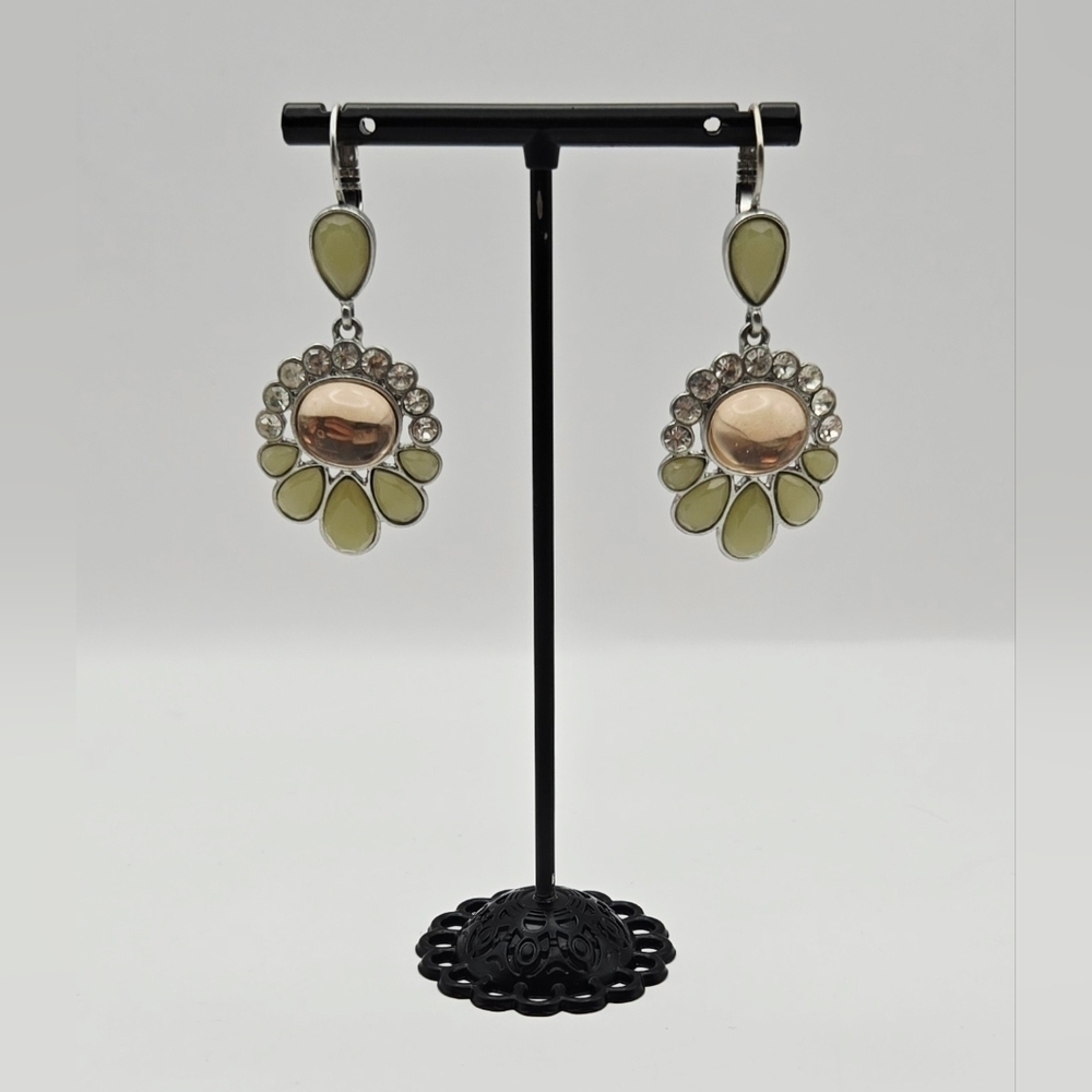 Lia Sophia Green Cabochon Rhinestone Drop Earrings Silver Tone Boho